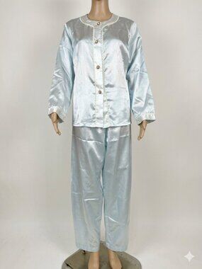 Vintage 80s Miss Dior Flannel Lined Brushed Back Satin Pajama Set Size Medium